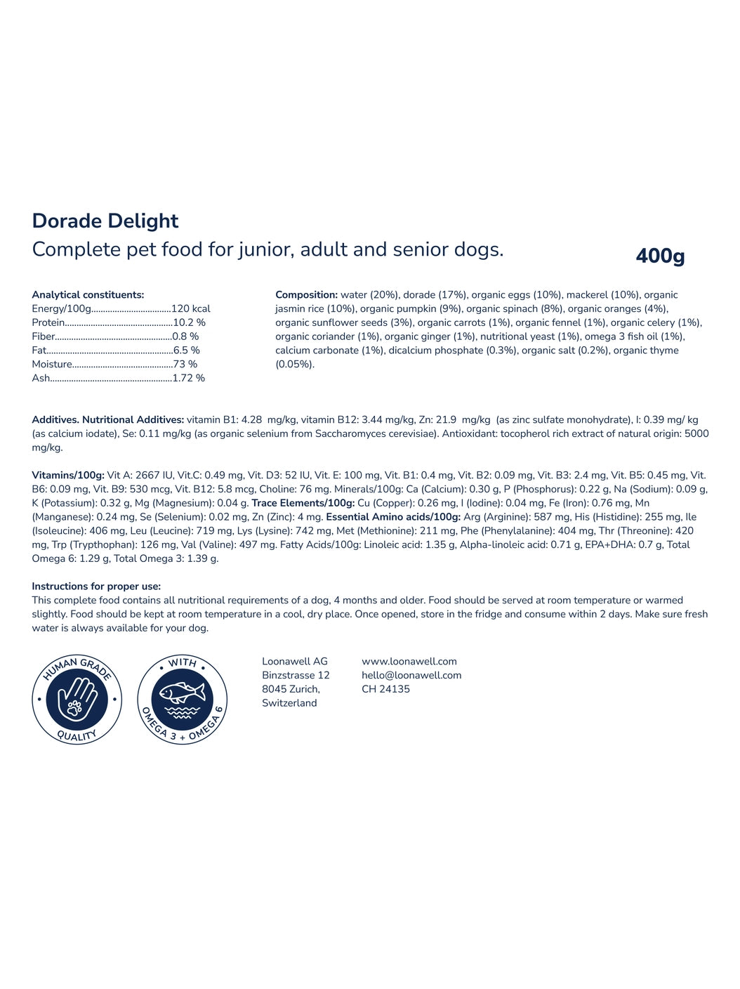 LOONAWELL - Dorade Delight, Complete Dog Food with Organic Ingredients