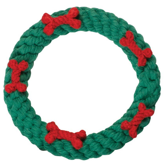 Green Ring with Red Bones Dog Rope Toy in Medium 7"